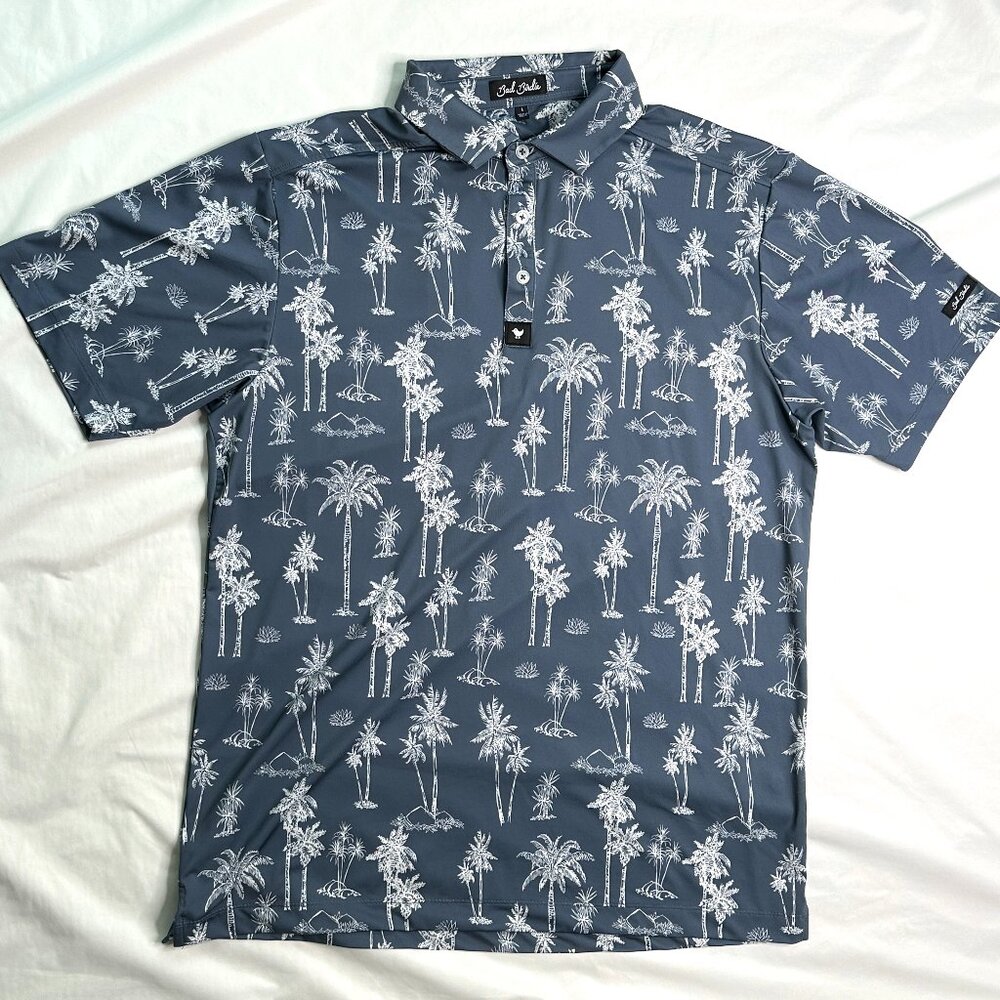 Bad Birdie Polo Shirt Mens Large Gray Palm Tree AOP Golf Performance